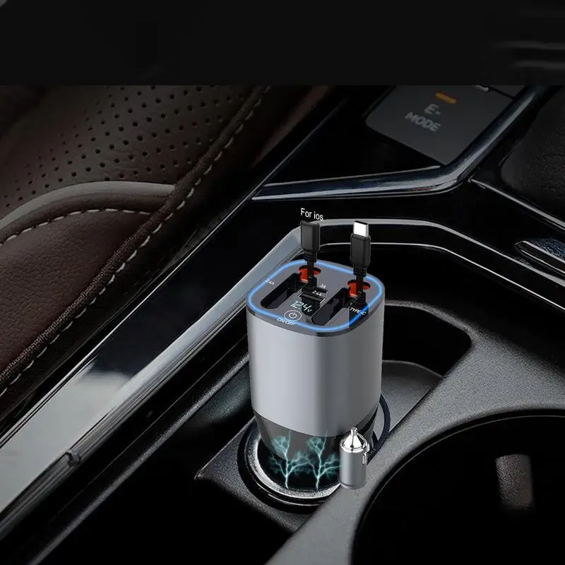 Зарядно за кола Бързо зареждане LED дисплей за напрежение 5 в 1 бързо зарядно за кола с двойни прибиращи се кабели Зарядно за телефон за кола с двойно Изображение 1