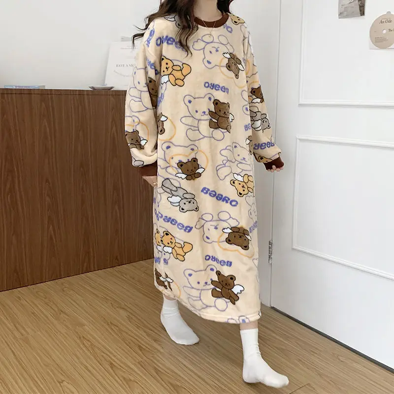 Дамска пижама голям размер нощница жени есен зима спално облекло дебела фланела сладък карикатура дълъг ръкав хлабав пола пижами Изображение 2