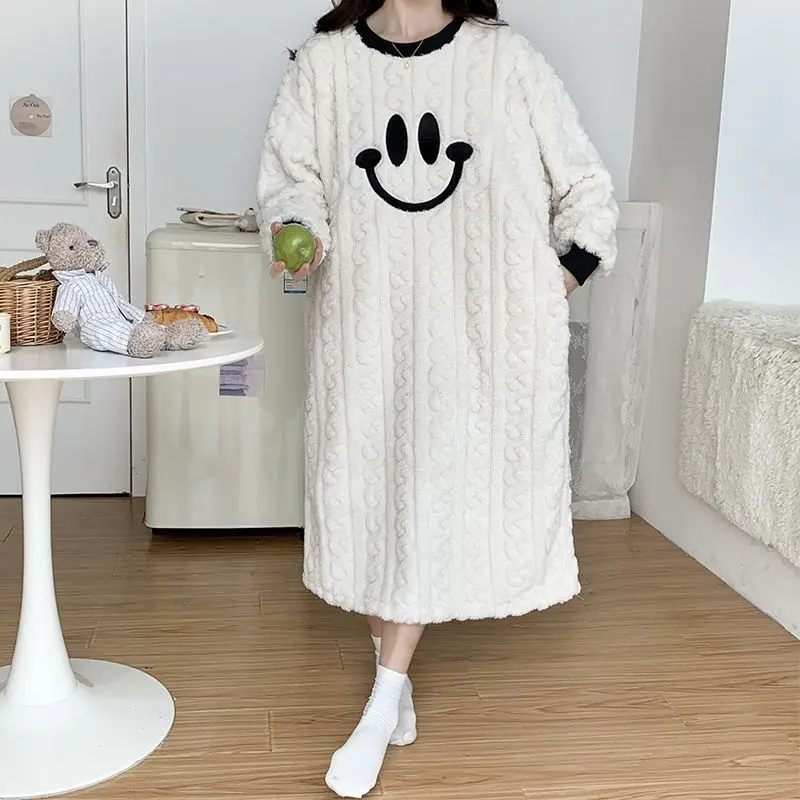Дамска пижама голям размер нощница жени есен зима спално облекло дебела фланела сладък карикатура дълъг ръкав хлабав пола пижами Изображение 5