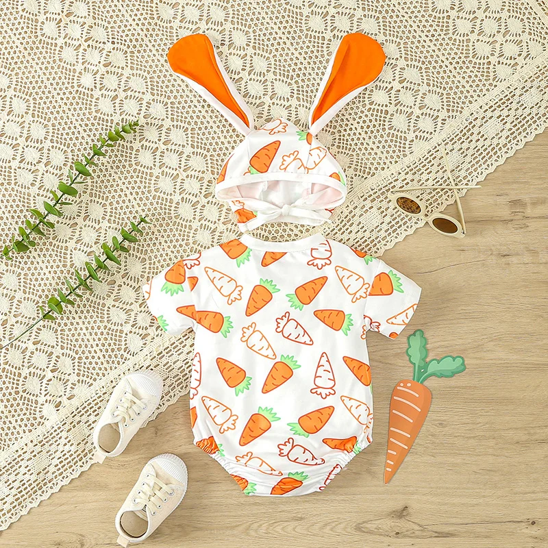 Новородено бебе Унисекс бебе къс ръкав гащеризон морков печат боди заек шапка 2бр летни екипировки Изображение 0