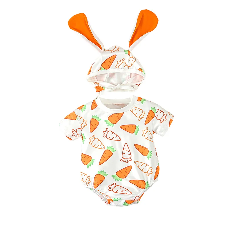 Новородено бебе Унисекс бебе къс ръкав гащеризон морков печат боди заек шапка 2бр летни екипировки Изображение 1