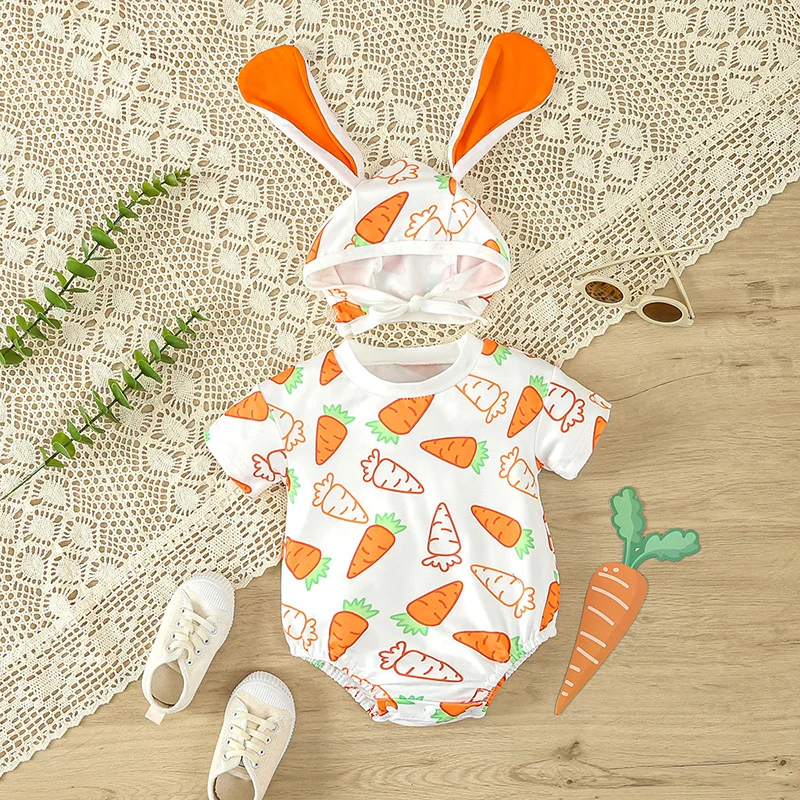 Новородено бебе Унисекс бебе къс ръкав гащеризон морков печат боди заек шапка 2бр летни екипировки Изображение 3
