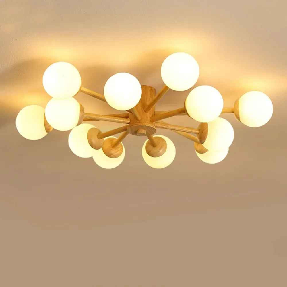 Масивно дърво таван светлини с млечна топка абажур за хол модерен дървен спалня повърхностно монтирани трапезни лампи Изображение 0