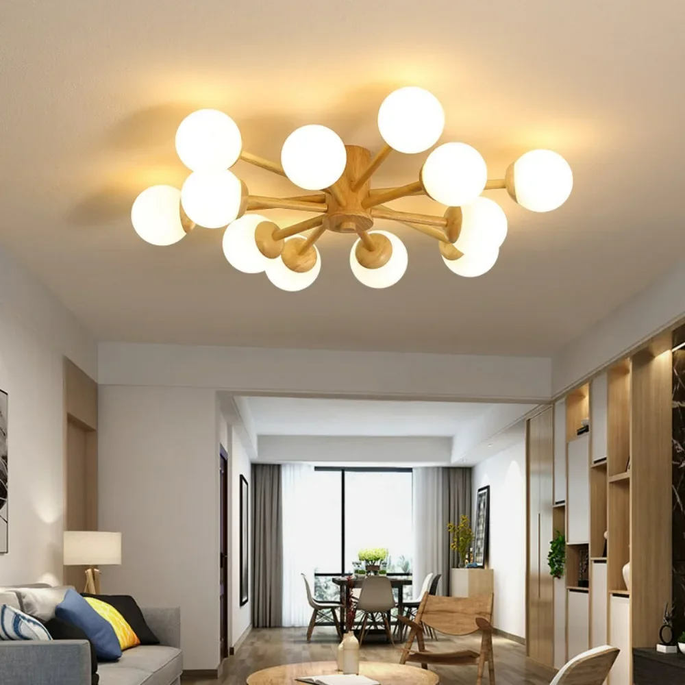 Масивно дърво таван светлини с млечна топка абажур за хол модерен дървен спалня повърхностно монтирани трапезни лампи Изображение 1