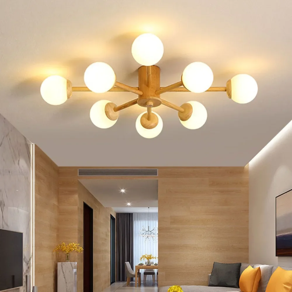 Масивно дърво таван светлини с млечна топка абажур за хол модерен дървен спалня повърхностно монтирани трапезни лампи Изображение 3