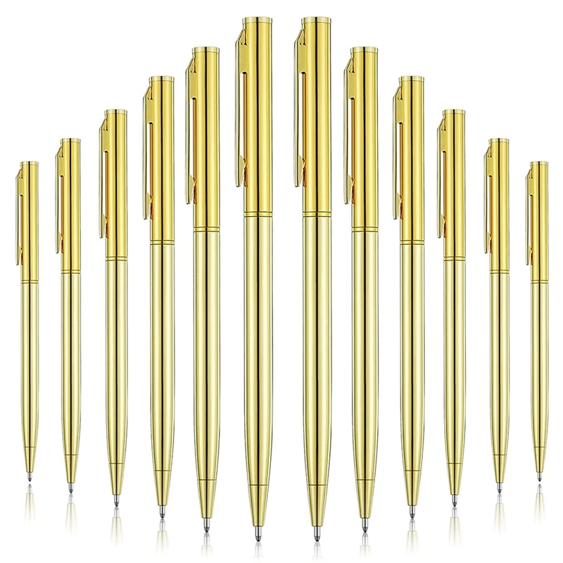 12Pcs метални химикалки златен цвят тънък химикалки черно мастило метални химикалки за бизнес офис студенти учители Изображение 0