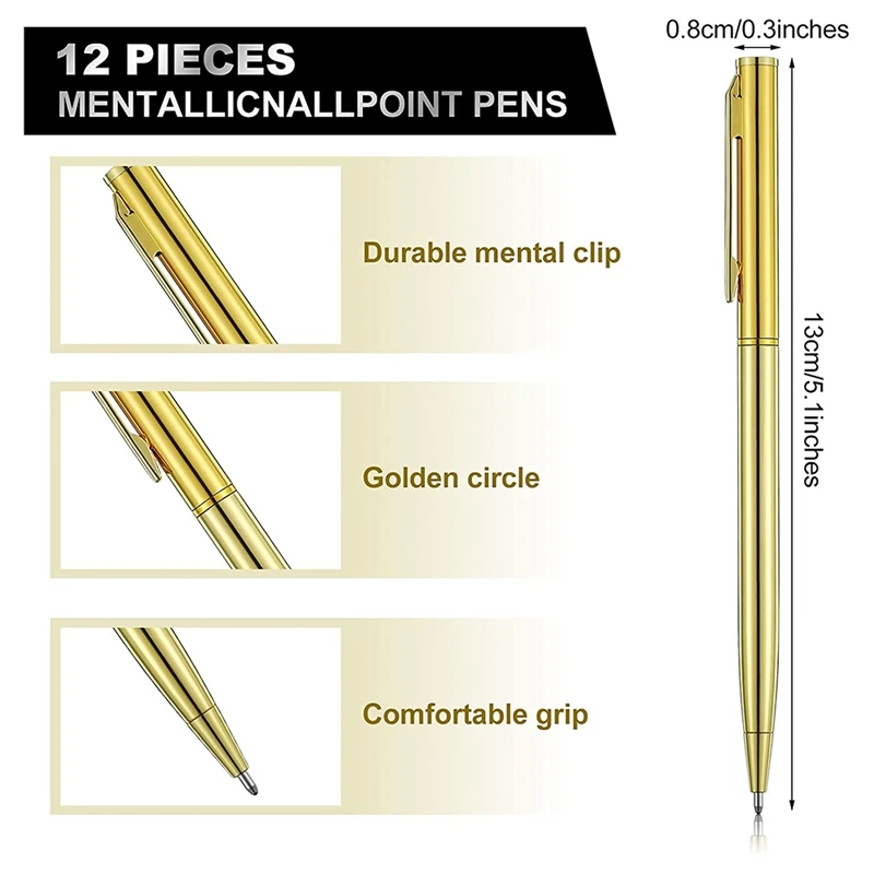 12Pcs метални химикалки златен цвят тънък химикалки черно мастило метални химикалки за бизнес офис студенти учители Изображение 2