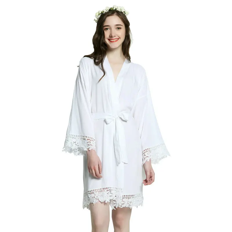 Rayon памук кимоно халати с дантела роба жени сватба булчински халат халат спално облекло бяла роба лилаво Изображение 5