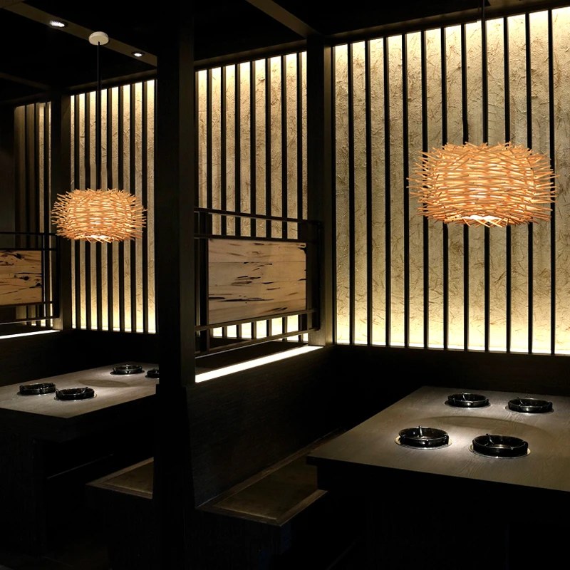 китайско изкуство бамбук ръчно тъкани бамбук изкуство висулка светлини трапезария бамбук фенер полилей спалня ресторант светлина Изображение 2