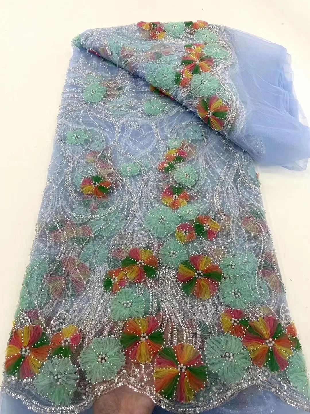 2023 Син 3D цвете дантела плат с перли високо качество френски бродерия тюл африкански плат за сватбено тържество рокля шиене Изображение 1
