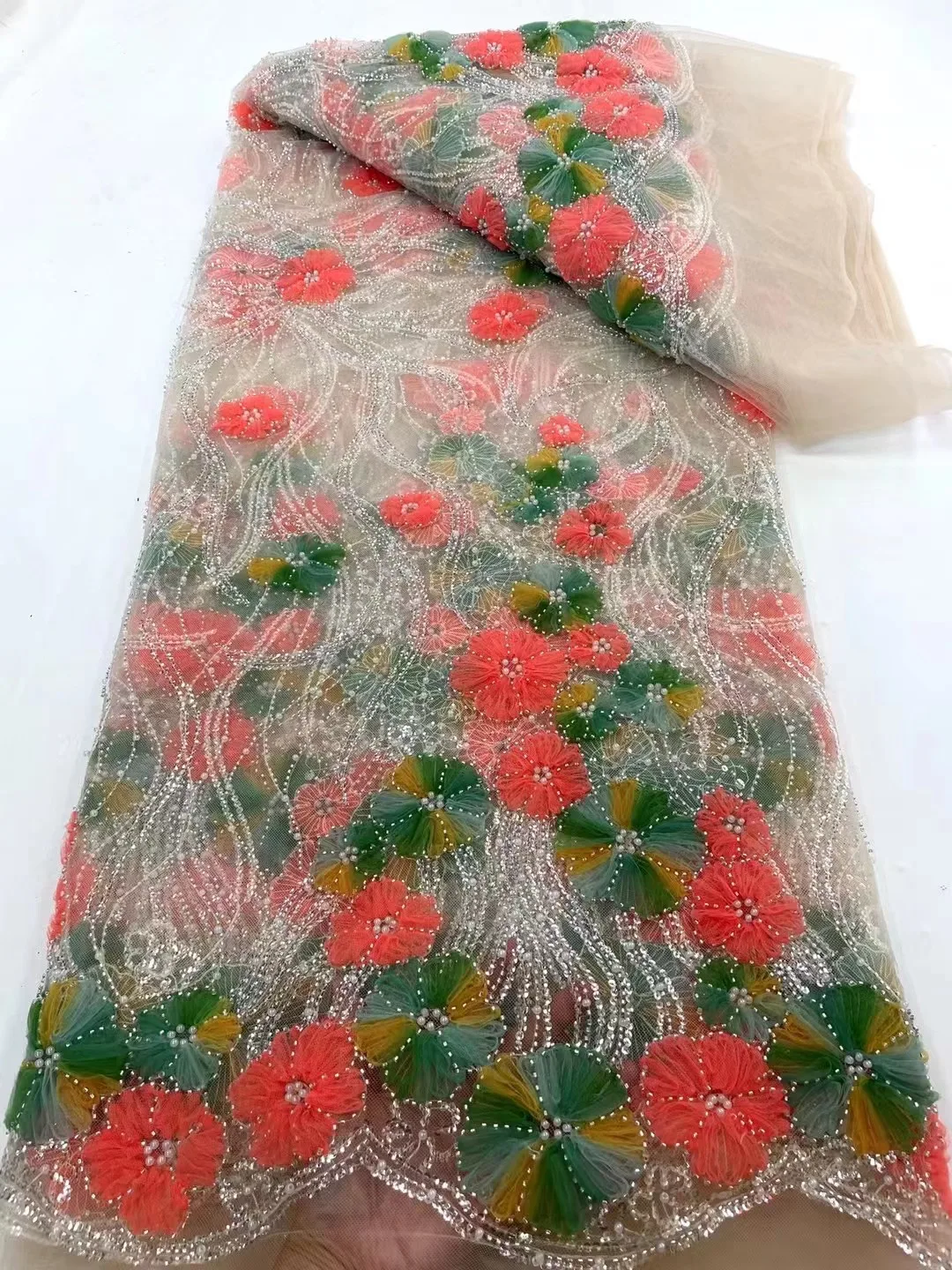 2023 Син 3D цвете дантела плат с перли високо качество френски бродерия тюл африкански плат за сватбено тържество рокля шиене Изображение 2