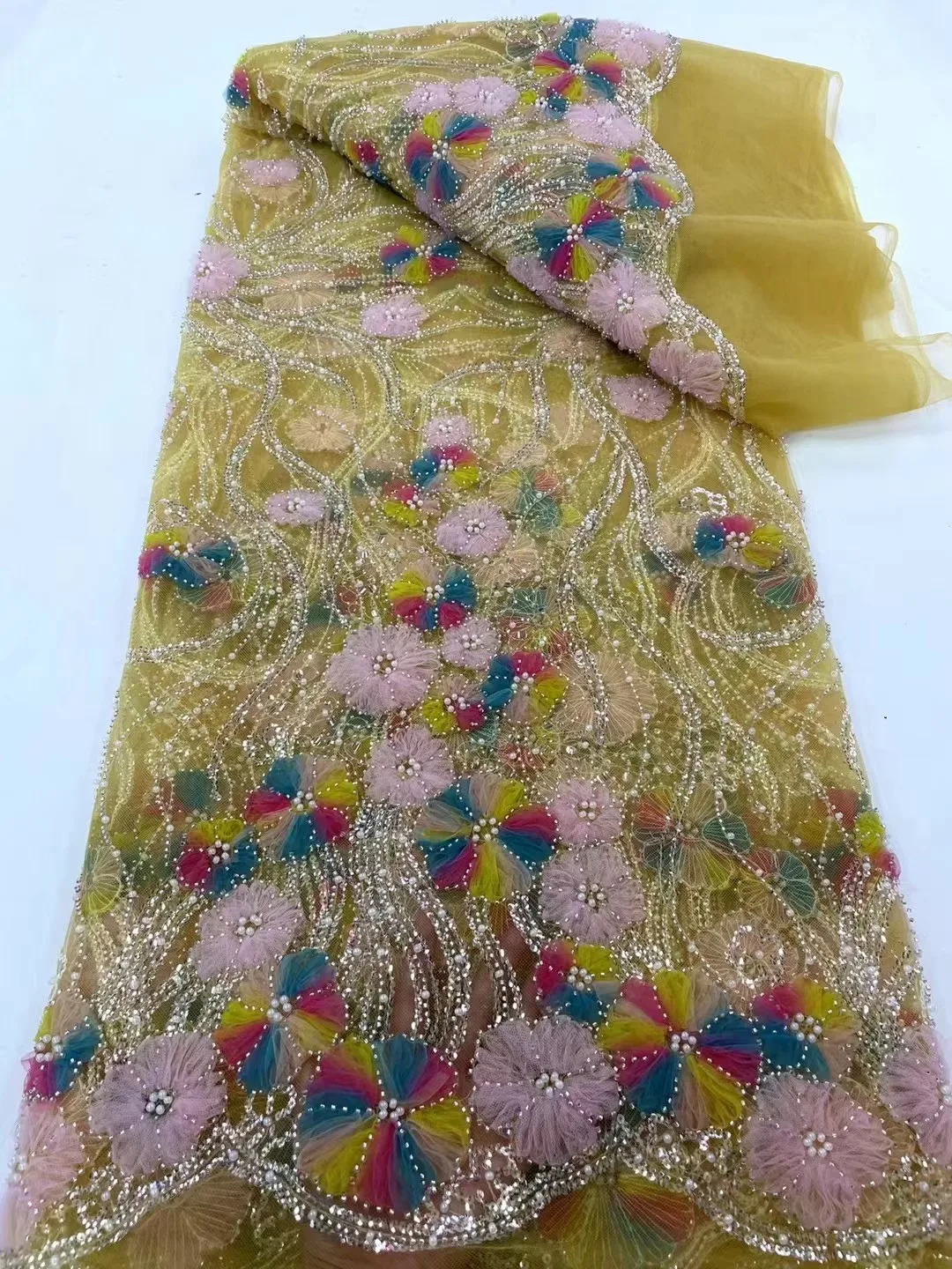 2023 Син 3D цвете дантела плат с перли високо качество френски бродерия тюл африкански плат за сватбено тържество рокля шиене Изображение 3