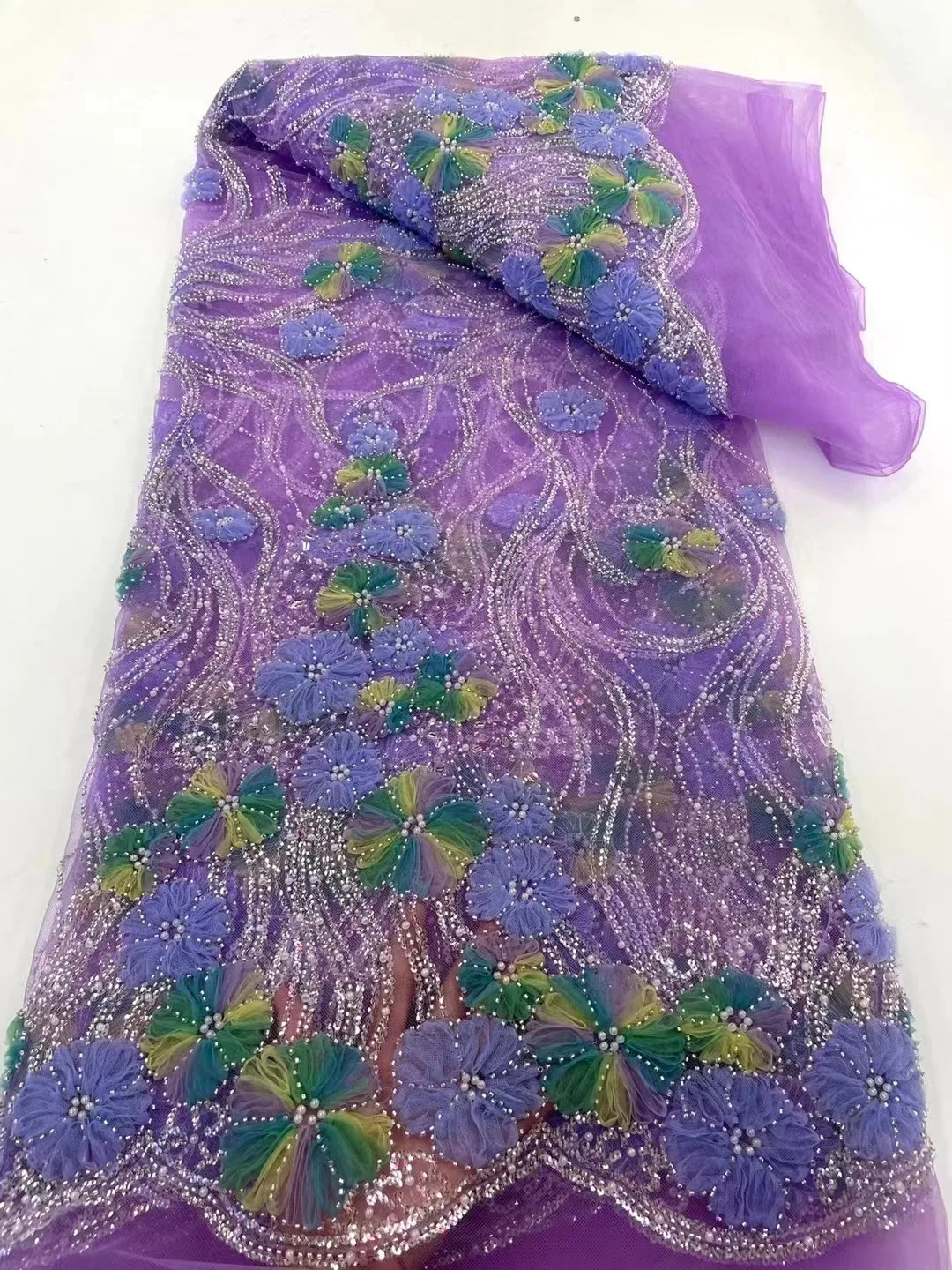 2023 Син 3D цвете дантела плат с перли високо качество френски бродерия тюл африкански плат за сватбено тържество рокля шиене Изображение 4
