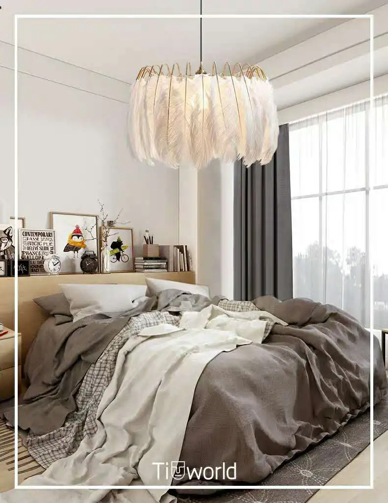 Модерна скандинавска пера лампа перо полилей осветление таванско помещение LED полилеи за всекидневна спалня вътрешни осветителни тела Изображение 3
