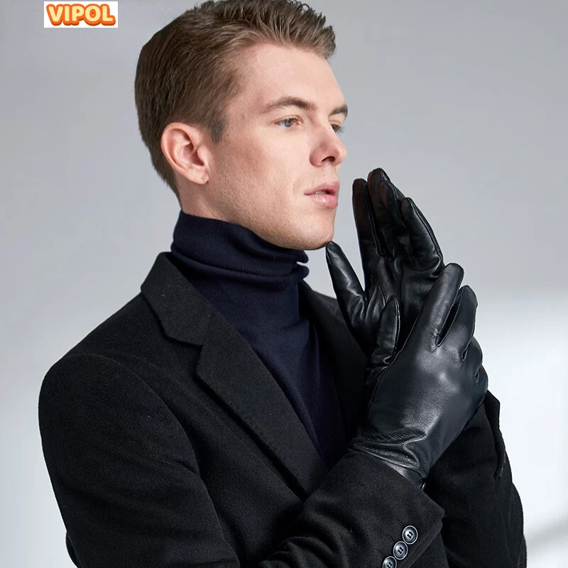 Кожени ръкавици за мъже,Зимни овчи кожи Шофьорски ръкавици за езда Кашмирени облицовани черни ръкавици Изображение 0