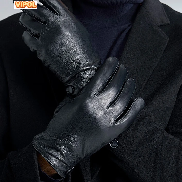 Кожени ръкавици за мъже,Зимни овчи кожи Шофьорски ръкавици за езда Кашмирени облицовани черни ръкавици Изображение 1
