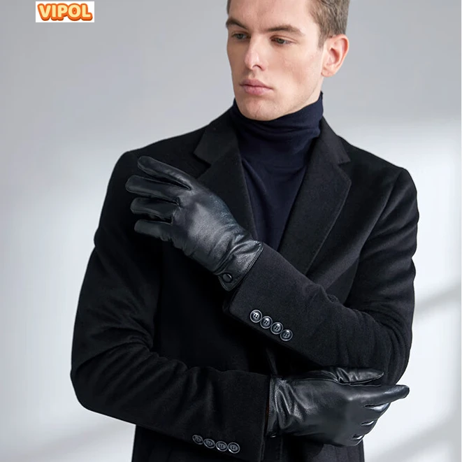 Кожени ръкавици за мъже,Зимни овчи кожи Шофьорски ръкавици за езда Кашмирени облицовани черни ръкавици Изображение 4
