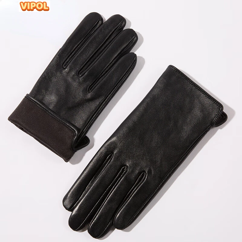 Кожени ръкавици за мъже,Зимни овчи кожи Шофьорски ръкавици за езда Кашмирени облицовани черни ръкавици Изображение 5