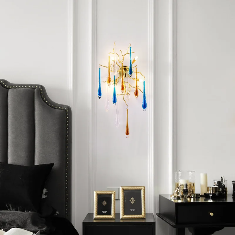 Многоцветни стъклени капка таванни полилеи Луксозни LED светлини Постмодерни висящи лампи Декорация на дома за спалня декор Изображение 2
