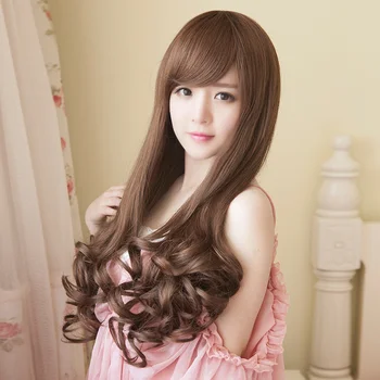 Търговия на едро Япония Корея Азия Flaxen черен дълъг къдрава коса диагонален бретон жените висок клас химически влакна перука пълна глава капак