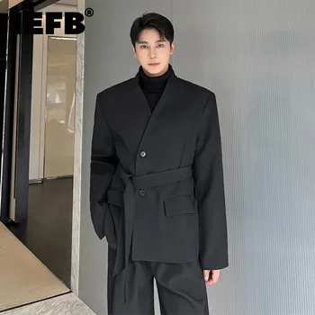 IEFB Elgance мъжки блейзъри тенденция корейски стил яка костюм палто плътен цвят дантела нагоре ниша дизайн мода мъжки 2023 Нов 9C3363