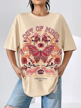 Западна реколта пеперуда графични тройници 70s ретро хипи бохо извънгабаритни тениска къс ръкав жени тениска сладък естетически топ тениска
