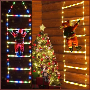 Коледен декор Led стълба светлина с Дядо Коледа кукла водоустойчив дистанционно низ лампа прозорец градина Коледа дърво висящи лента светлина