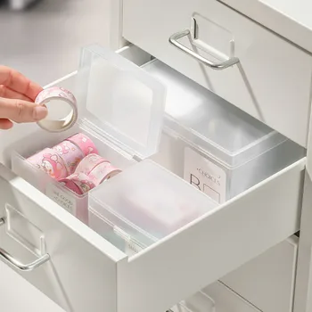 Канцеларски държач Кутия за съхранение на Kawaii бял цвят прозрачен пластмасов малък предмети клип бележка подложка Подредете организатора с капак