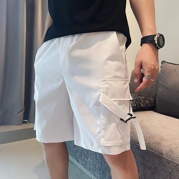 2023 Корейски модни шорти Мъжки плътен цвят облекло памук хлабав мулти-джобове карго шорти мода панталон мъжки носят панталони T19