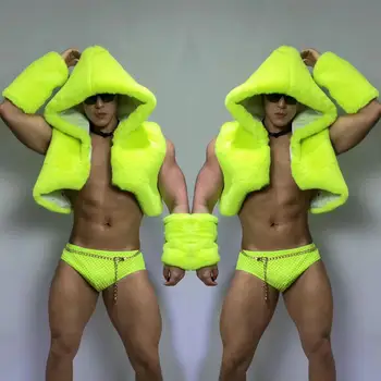 Възрастен мъжки пол танцов костюм флуоресцентен зелен секси имитация на кожа облекло нощен клуб Гого танцови дрехи Dj Ds танцьор износване