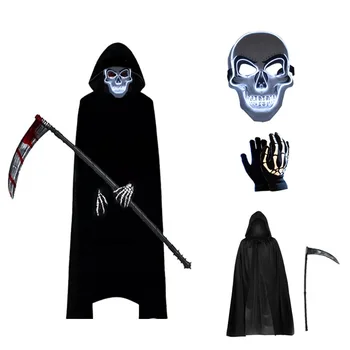 Страшен Хелоуин Призрачен жътварски костюм Качулат нос череп маска ръкавици коса комплект възрастни деца ужас мрачен жътвар косплей костюм