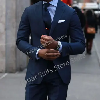 Casual Navy Blue Mens Suits Professional Business Blazer Slim Wedding Groom Tuxedo Prom 2 Piece Jacket + Pants Set Terno Masculino