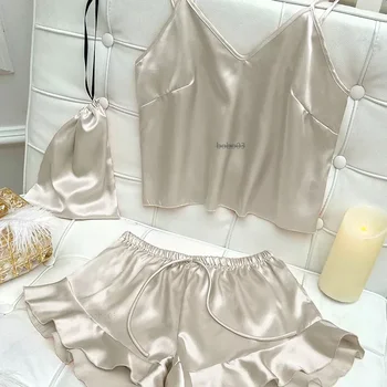 Модни секси прашки с къси панталони Комплект от три части Дамски ежедневни пижами Комплект Дамско домашно облекло Костюми Спално облекло Дамска пижама