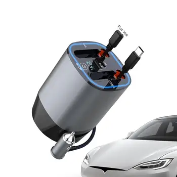 Зарядно за кола Бързо зареждане LED дисплей за напрежение 5 в 1 бързо зарядно за кола с двойни прибиращи се кабели Зарядно за телефон за кола с двойно