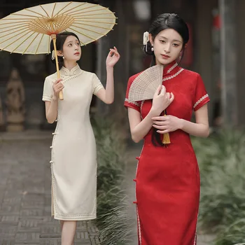 Пролет реколта китайски стил темперамент Qipao младо момиче къс ръкав жакард сатен Cheongsam рокля