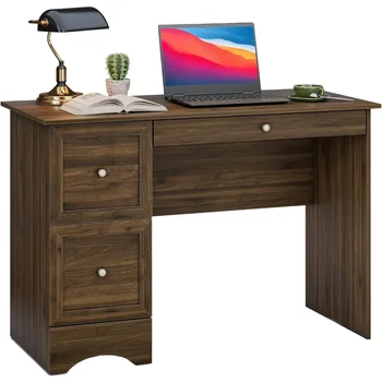  компютърно бюро с 3 чекмеджета, дървен домашен офис маса PC лаптоп лаптоп лаптоп бюро, компактно бюро за писане на учебна маса
