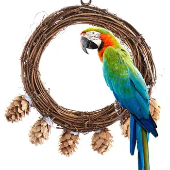 Lovebirds Budgie Grinding Chewing Hanging Rattan Perch Bird Toys Parrot Swing Pine Cones Decor