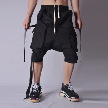 Тъмно Techwear Свободен петточков Харен панталон с панделка Capris мъжки Straddles мулти-джоб карго шорти