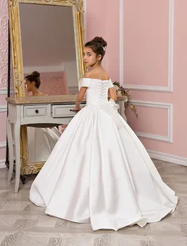 Бяла проста рокля цвете момиче за сватба сатен от рамото деца рожден ден парти първо причастие топка рокля шаферка