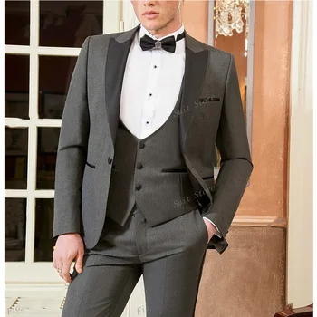 Мъжки костюми 3Pcs младоженец сватбено парти смокинги блейзър тъмно сив един бутон връх ревера официален повод костюми яке жилетка панталони