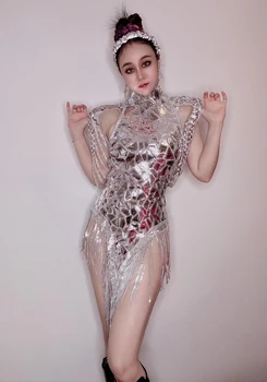 Секси огледало без гръб Рокля с пайети Нощен клубGogo Dancer Stage Costume Rave Outfit Festivaclub Drag Queen Clothes B025