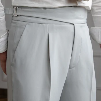 Gentleman Paris Button Pants Fashion Light Grey Mens Dress Pant High Waist Straight Pants Men Business Versatile Belt Trousers