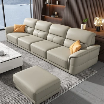 Три или четири души вграден кожен диван, модерен прост първи етаж телешка размер хол, минималистична кожена арт комбинация