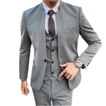 Мъжка стойка яка с един бутон палто панталони жилетка мода тенденция Groomsman тънък 3 парчета костюми блейзъри яке панталони жилетка комплект