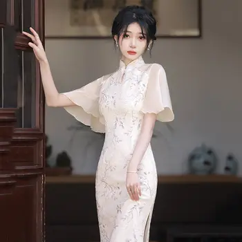 Cheongsam Нов дамски летен шифон елегантен млад китайски стил флорална рокля Qipao дама ретро стойка яка тънък парти рокли