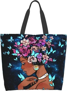 Черна двойка любовници голяма пазарска чанта цветни графити афро афро-американски крал и кралица рамо чанта за работа пътуване пазаруване
