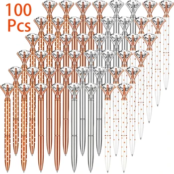 100Pcs големи диамантени химикалки-Bling сватба кристал метални химикалки с черно мастило