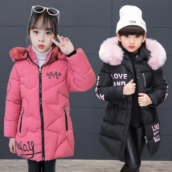 Якета за момичета, зимни детски якета, топли пухени якета за бебета момичета, якета с качулка с кожена яка, модни писма момиче палто