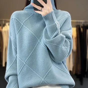 Есен/Зима Нов кашмирен пуловер Дамски пуловер с високо деколте Случайни свободни плетени върхове 100% Merino вълна облекло мода корейски топло