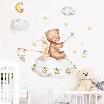 Сладък мечка облак Луна звезда стена стикери за деца момичета момчета бебе стая спалня декорация детска стая тапет Kawaii стая декор